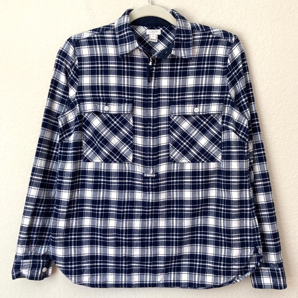 J. Crew Plaid Half Zip Front Shirt Jacket Shacket Flannel Fall Pullover
